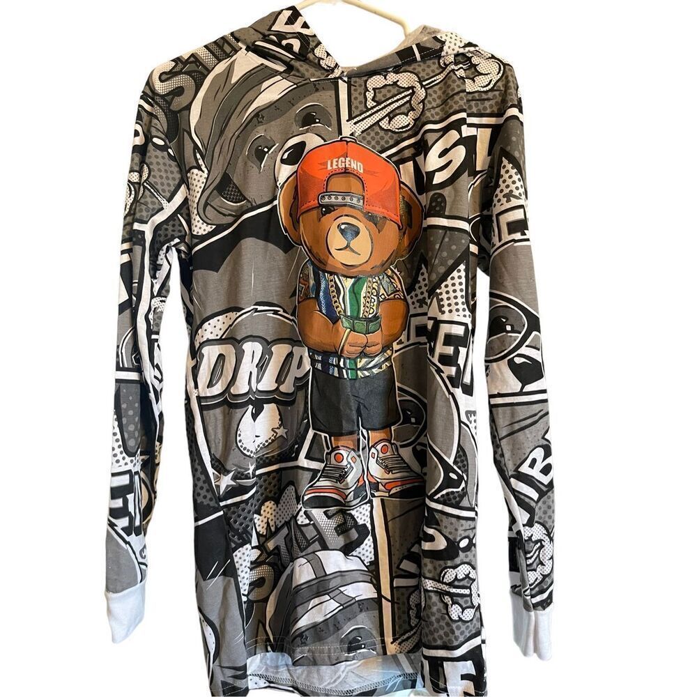 Hustle OG Bear Long Sleeve All Over Graffiti Bailey Apparel Hoodie Size M